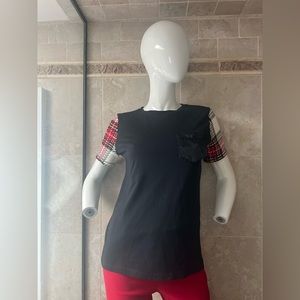 Zara Plaid Knit Sleeve T-Shirt W/ Front Button Pocket